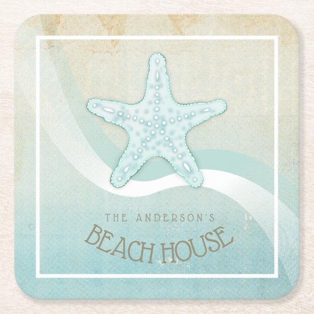 Beach House Nautical Starfish Aqua Blue ID623 Underlägg Papper Kvadrat (Framsidan)