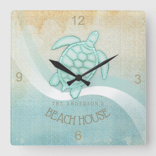 Beach House Nautical Turtle Aqua Blue ID623 Fyrkantig Klocka