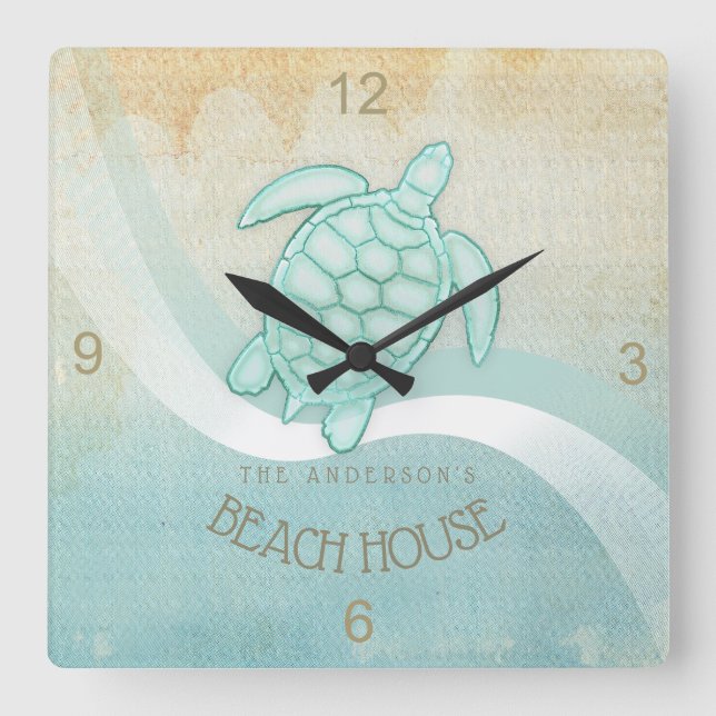 Beach House Nautical Turtle Aqua Blue ID623 Fyrkantig Klocka (Framsida)