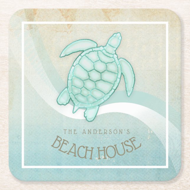 Beach House Nautical Turtle Aqua Blue ID623 Underlägg Papper Kvadrat (Framsidan)