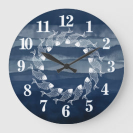Beach House Navy Blue Fish Ocean Large Clock Stor Klocka