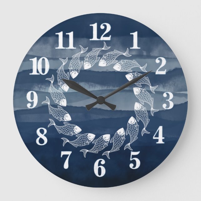 Beach House Navy Blue Fish Ocean Large Clock Stor Klocka (Framsida)