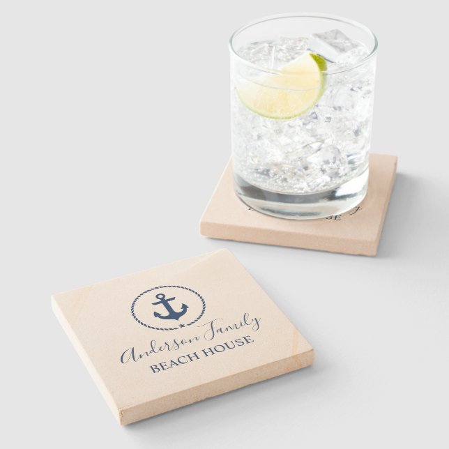 Beach House Navy Blue Nautical Anchor Star Rope Stenunderlägg (Sidan)