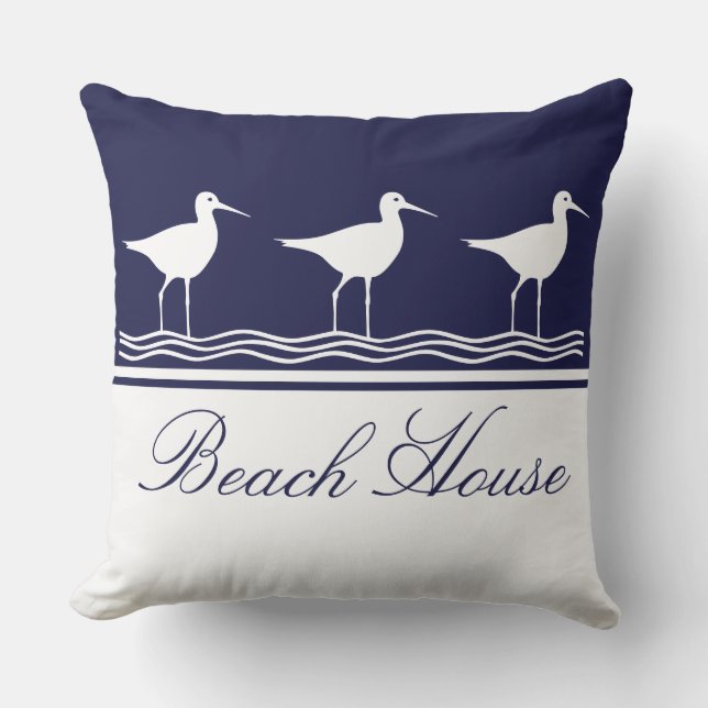 Beach house navy blue Sandpipers Dekorativ kudde (Framsida)