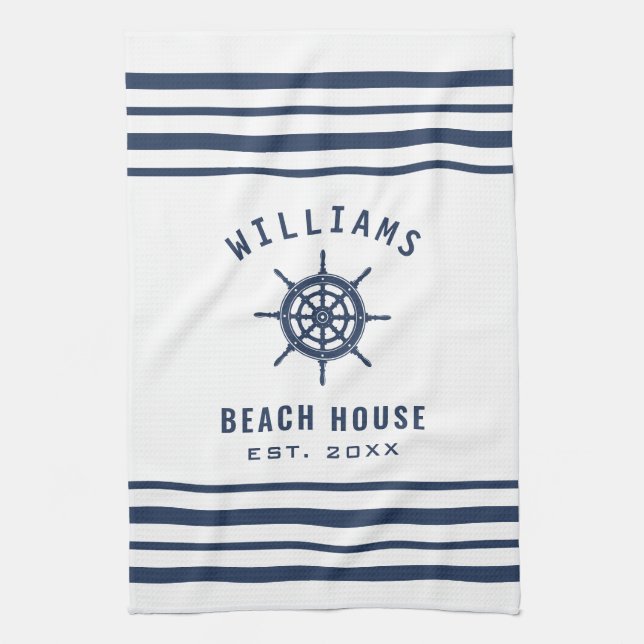 Beach House Navy Blue White Nautical Namn Kökshandduk (Vertikal)