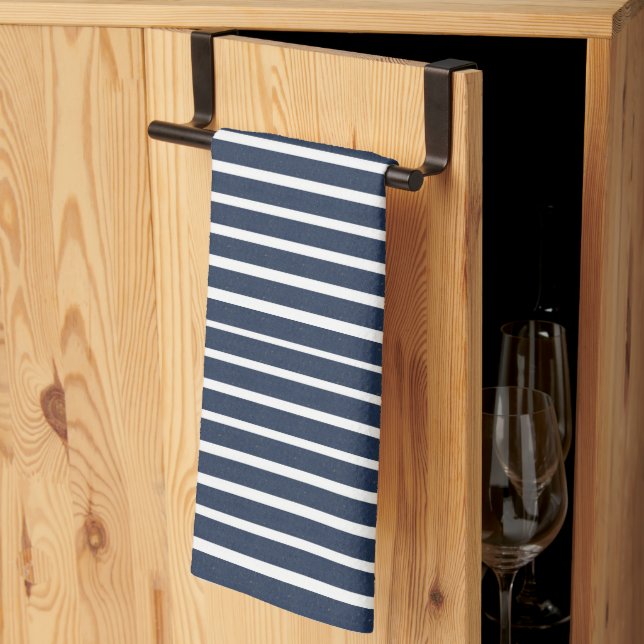 Beach House Navy Blue White Rand Kökshandduk (Thirds Fold)