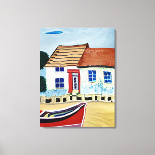 Beach House och Boat på Sandy Beach Canvastryck