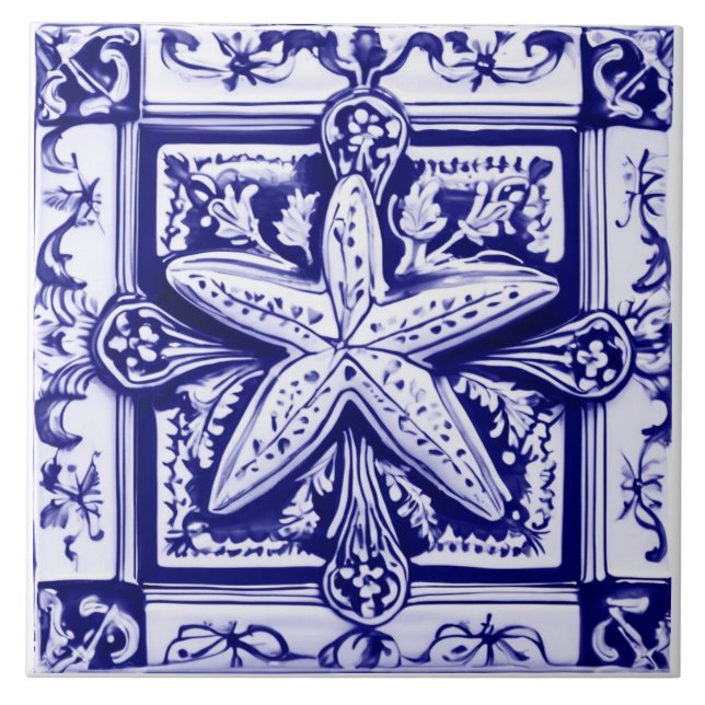 Beach House of Starfish Blue and White Sea Star Oc Kakelplatta (Framsidan)