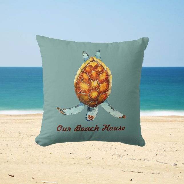 Beach House Pillow with Diving Sea Turtle on Grönt Kudde (Skapare uppladdad)