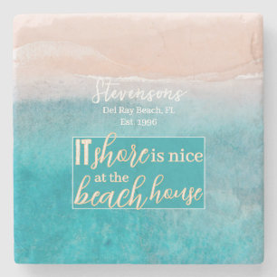 Beach House Pun Elegant Script Anpassningsbar Fami Stenunderlägg