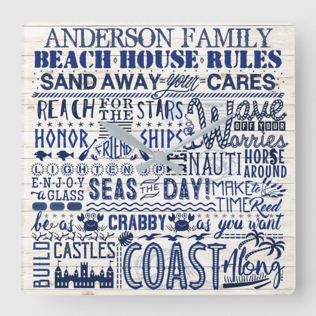 Beach House Regler Anpassningsbar Family Namn Blue Fyrkantig Klocka (Framsida)