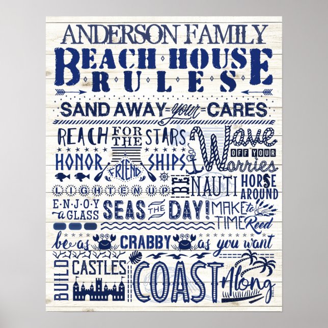 Beach House Regler Blue Coastal Personlig Family Poster (Framsidan)