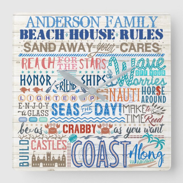 Beach House Regler Personlig Family Namn Coastal Fyrkantig Klocka (Framsida)
