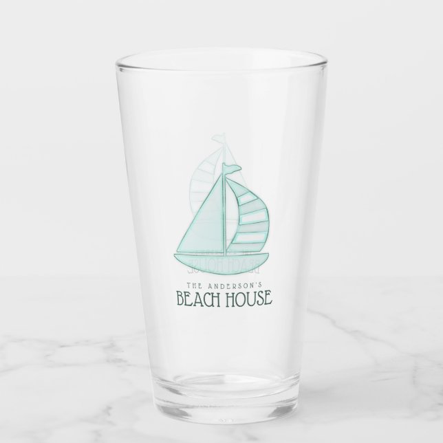 Beach House Sailboat Aqua Blue ID623 Glaskopp (Framsida)