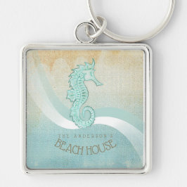 Beach House Seahorse Aqua Blue ID623 Fyrkantig Silverfärgad Nyckelring