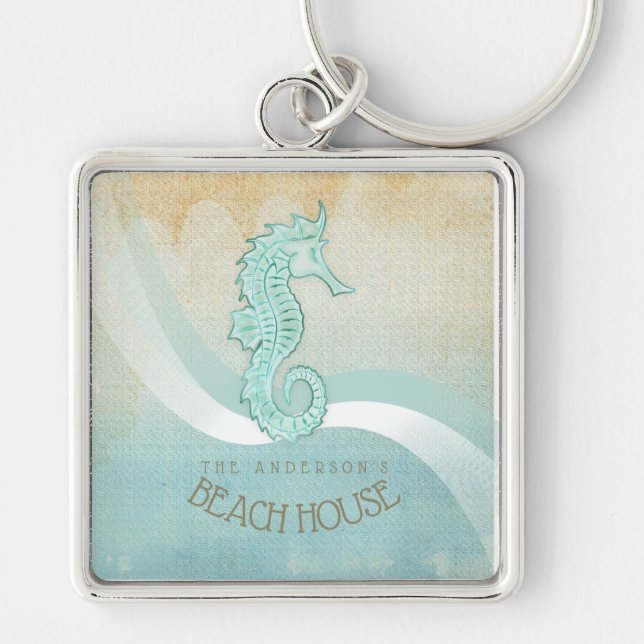 Beach House Seahorse Aqua Blue ID623 Fyrkantig Silverfärgad Nyckelring (Framsidan)