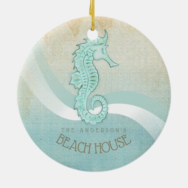 Beach House Seahorse Aqua Blue ID623 Julgransprydnad Keramik (Baksidan)