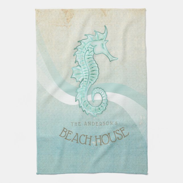 Beach House Seahorse Aqua Blue ID623 Kökshandduk (Vertikal)