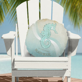 Beach House Seahorse Aqua Blue ID623 Rund Kudde