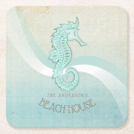 Beach House Seahorse Aqua Blue ID623 Underlägg Papper Kvadrat