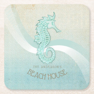 Beach House Seahorse Aqua Blue ID623 Underlägg Papper Kvadrat