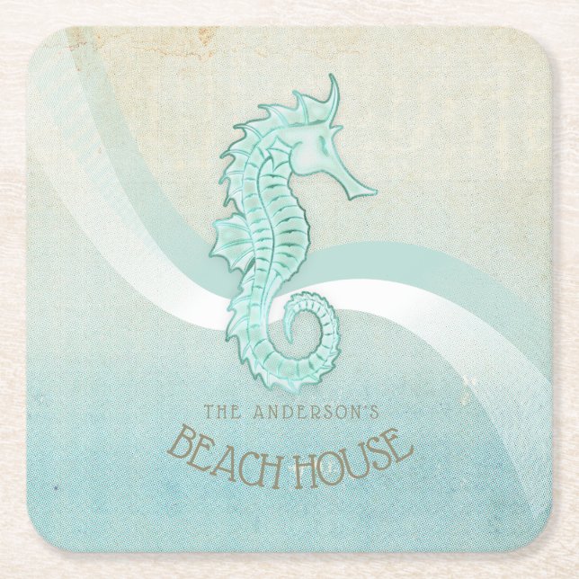 Beach House Seahorse Aqua Blue ID623 Underlägg Papper Kvadrat (Framsidan)