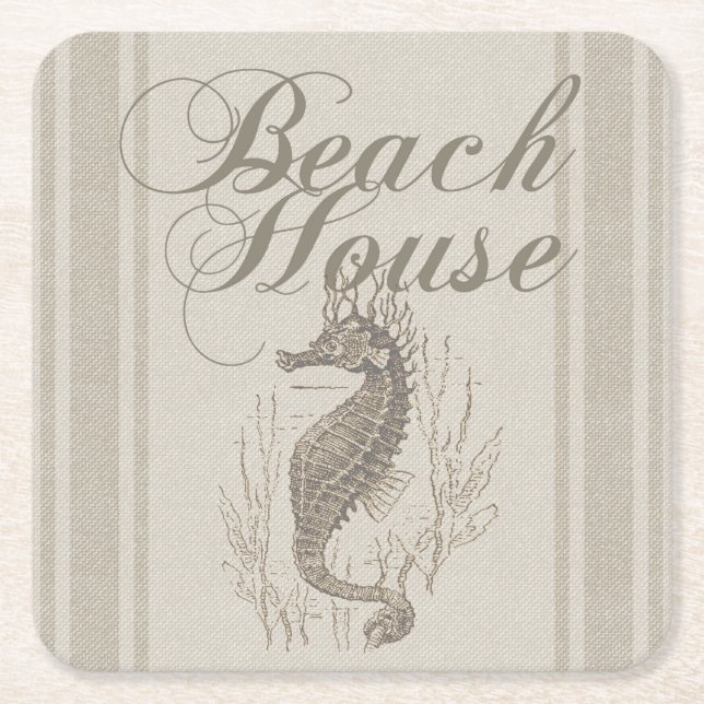 Beach House Seahorse Seashore Underlägg Papper Kvadrat (Framsidan)