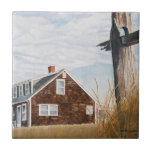 Beach House Sunrise Kakelplatta<br><div class="desc">In this painting of a quintessential a New England cottage, a weathered beach house sits peacefully in the morning sun, its white windows brilliant against dark shingles. Stark gold and white sunlight emphasize the late-season shadows in the dry autumn grass and old wooden fence in the foreground. A roiling skyscape...</div>