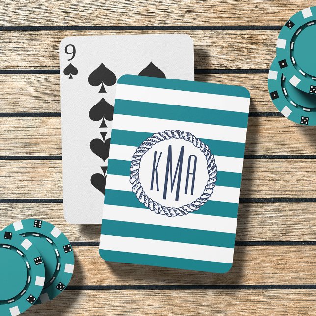 Beach House Teal Rand & Nautical Navy Monogram Kortlek (Skapare uppladdad)
