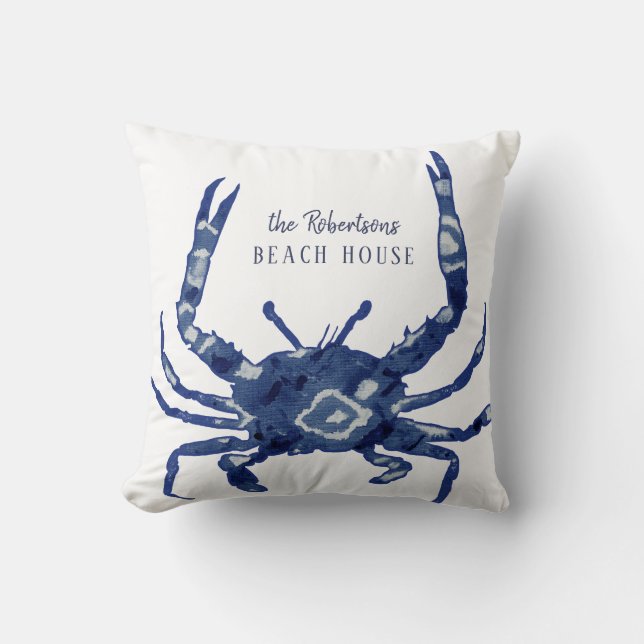 Beach House Välkommen Namn Shibori Blue Crab Diamo Kudde (Framsida)