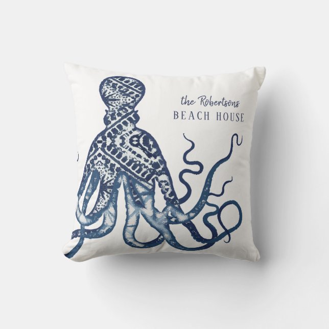 Beach House Välkommen Namn Shibori Mönster Octopus Kudde (Framsida)