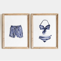 Beach House Wall Art, Vintage Stripe Swimdress Set