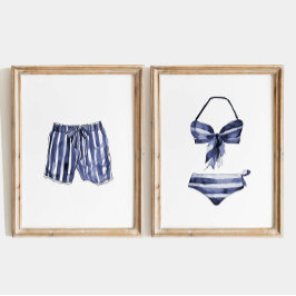 Beach House Wall Art, Vintage Stripe Swimdress Set