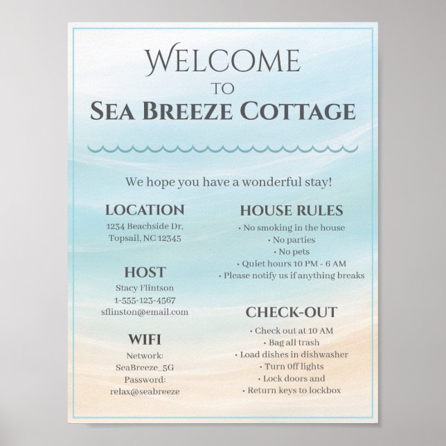 Beach House Welcome Sign with House Rules & WiFi Poster (Framsidan)