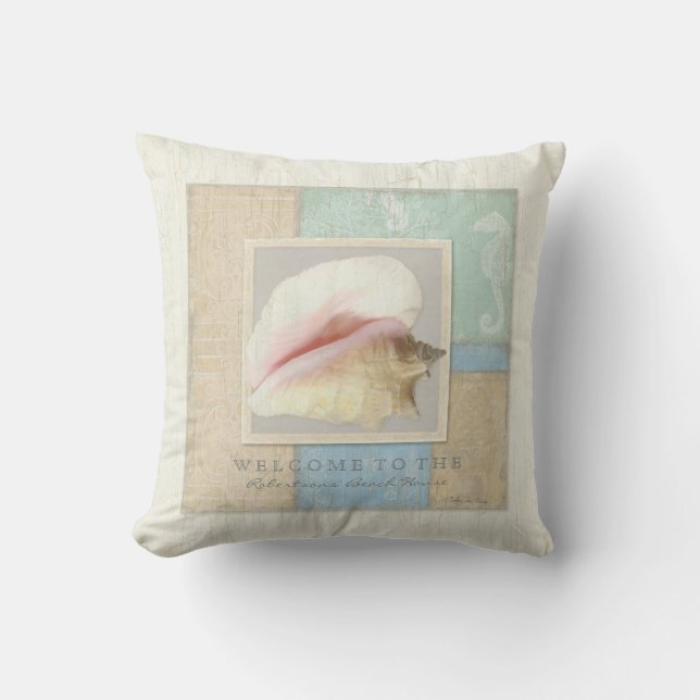 Beach House Wooden Board Conch Snäcka Seahorse Kudde (Framsida)