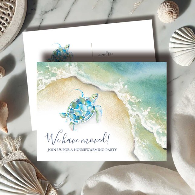 Beach Houseuppvärmningspartiets inbjudningar Sea T Vykort (housewarming invitations beach watercolor sea turtle art by Victoria Grigaliunas of Do Tell A Belle)