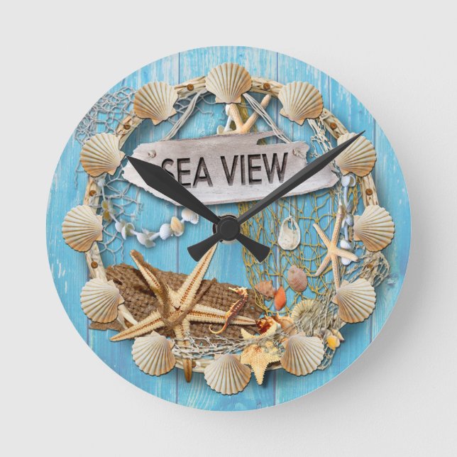 Beach Hut/Beach House Clock, Sea View Rund Klocka (Framsida)