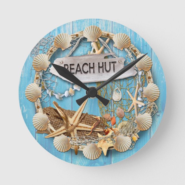 Beach Hut Clock Rund Klocka (Framsida)