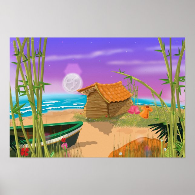 "Beach Hut on moonlit strand" "strandhut" "tecknad Poster (Framsidan)