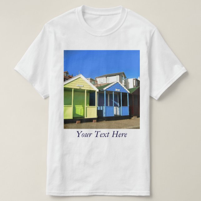 Beach huts blå himmel engångsalternativ tee shirt (Design framsida)