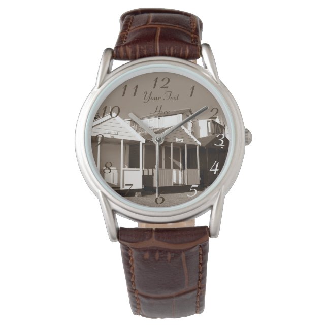 Beach huts blå himmel-maskigt sepiefoto från havsb armbandsur (Framsida)