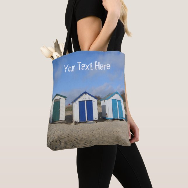 Beach huts blå himmel och Engelska havsviken Tygkasse (Närbild)