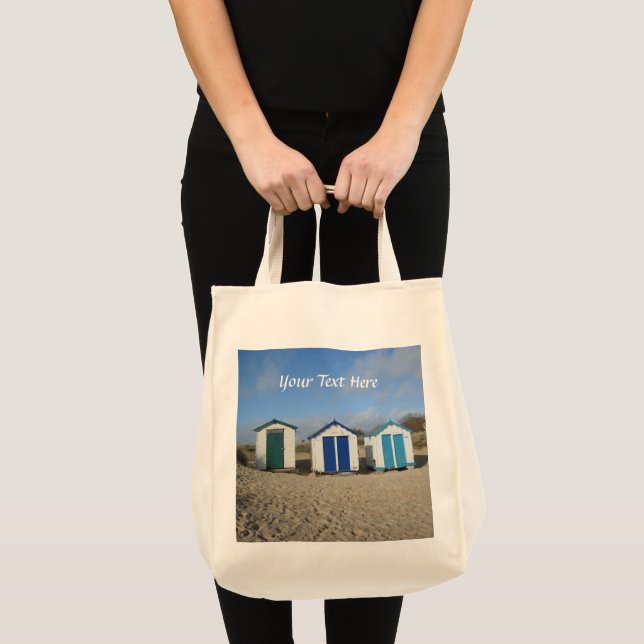 Beach huts blå himmel och Engelska havsviken Tygkasse (Framsida (produkt))