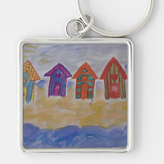 Beach Huts Fyrkantig Silverfärgad Nyckelring (Framsidan)