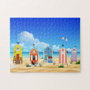 Beach huts i en färglös linje upp på stranden pussel