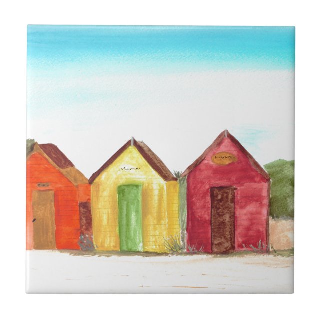 Beach huts-konstutskrift - strand kakelplatta (Framsidan)