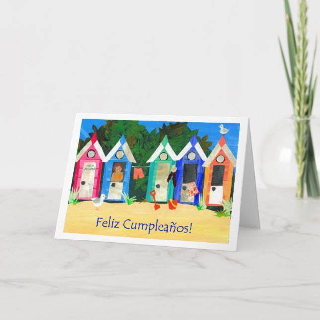 Beach Huts-kort för födelsedagen - spanska Hälsnin Kort (Framsida)