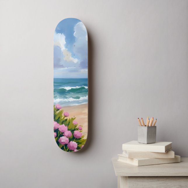 Beach in Bloom | Pink Hydrangea Oceanside Coastal Mini Skateboard Bräda 18,5 Cm (Väggkonst)