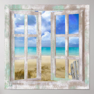 Beach in Open Window kuststuva Skriv ut Poster