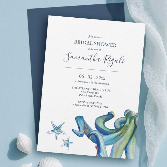 Beach Inbjudningskort för möhippa | Havsbesättning (beach bridal shower invitations is shades of blue, watercolor ocean creatures by dotellabelle )